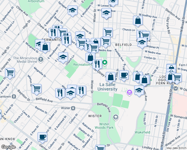 map of restaurants, bars, coffee shops, grocery stores, and more near 2145 Elkins Avenue in Philadelphia