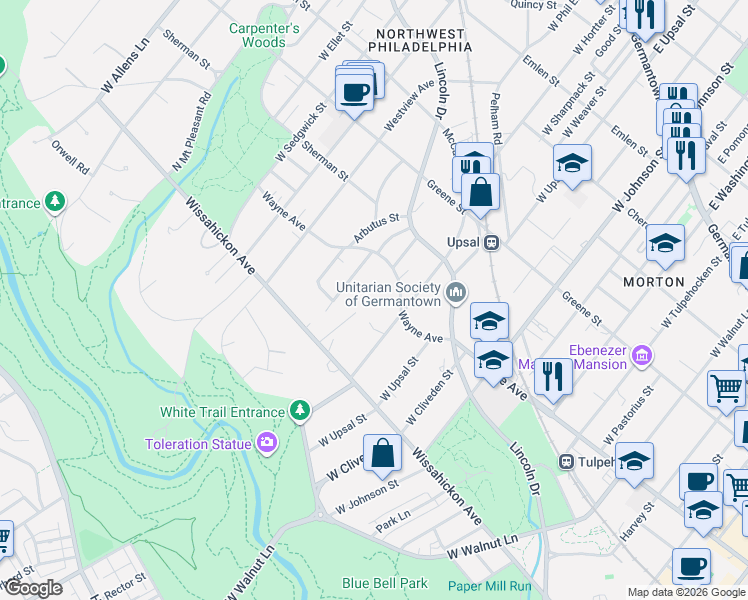 map of restaurants, bars, coffee shops, grocery stores, and more near 6612 Wayne Avenue in Philadelphia