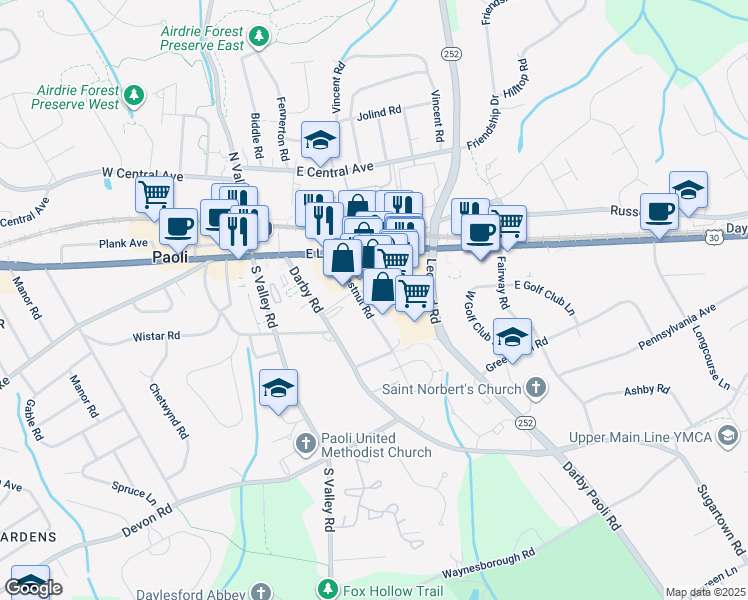 map of restaurants, bars, coffee shops, grocery stores, and more near 18 Paoli Shopping Center in Paoli