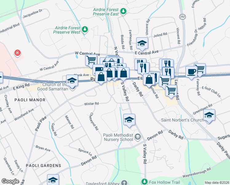 map of restaurants, bars, coffee shops, grocery stores, and more near 30 South Valley Road in Paoli