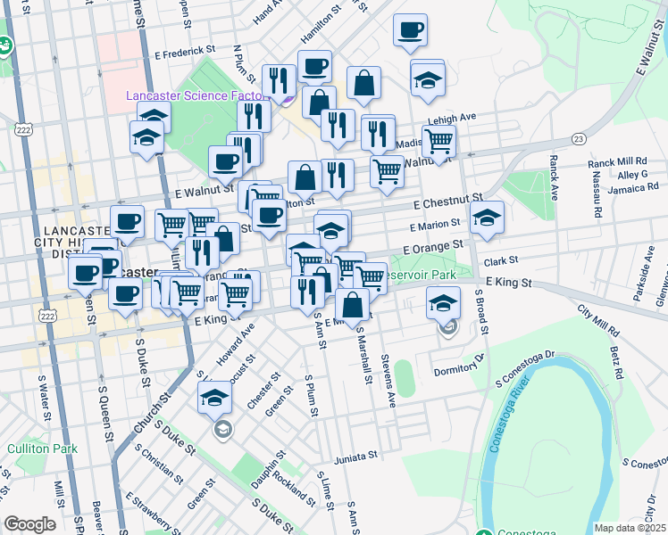 map of restaurants, bars, coffee shops, grocery stores, and more near 501 East Orange Street in Lancaster