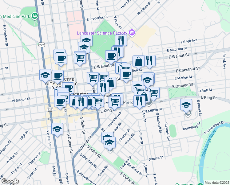 map of restaurants, bars, coffee shops, grocery stores, and more near 316 East Marion Street in Lancaster