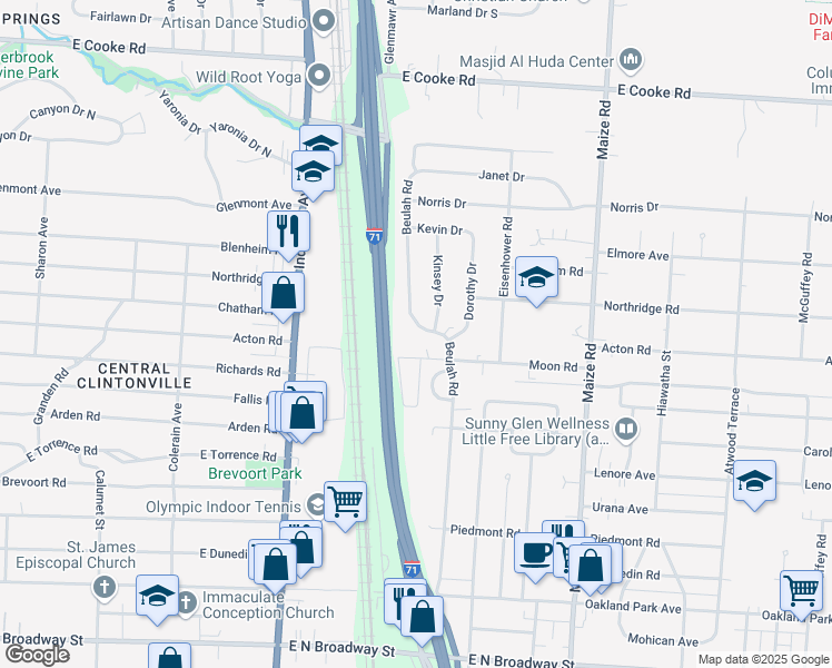 map of restaurants, bars, coffee shops, grocery stores, and more near 3733 Kinsey Drive in Columbus