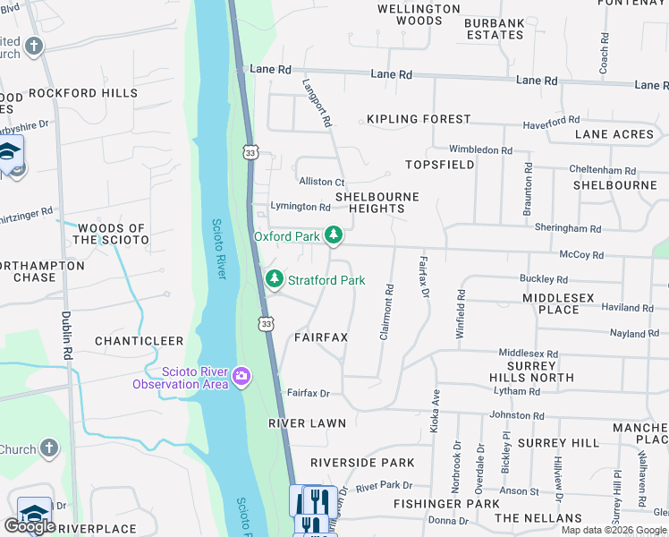 map of restaurants, bars, coffee shops, grocery stores, and more near 4275 Oxford Drive in Columbus