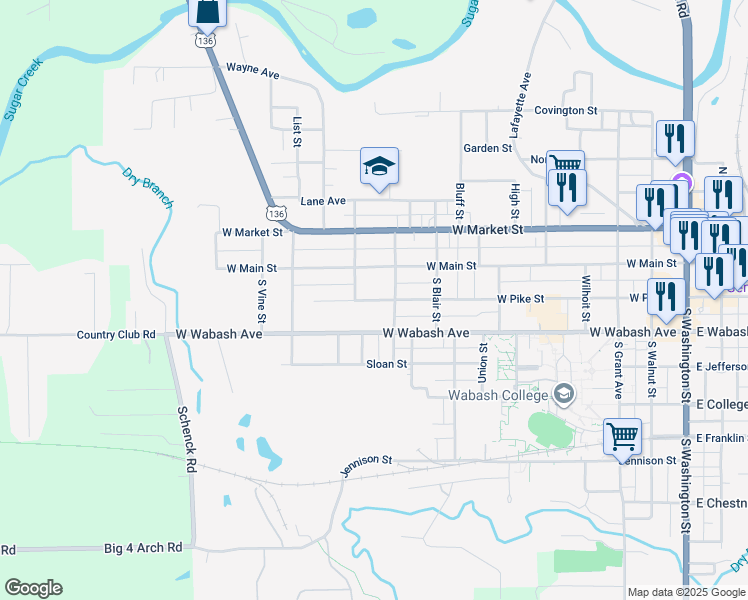 map of restaurants, bars, coffee shops, grocery stores, and more near 111 South West Street in Crawfordsville