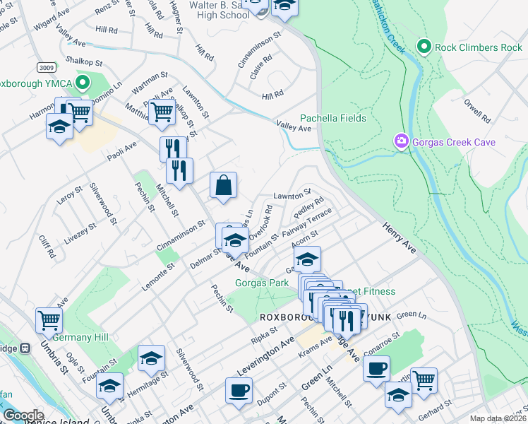 map of restaurants, bars, coffee shops, grocery stores, and more near 6511 Shalkop Street in Philadelphia