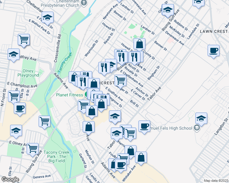 map of restaurants, bars, coffee shops, grocery stores, and more near 533 East Godfrey Avenue in Philadelphia