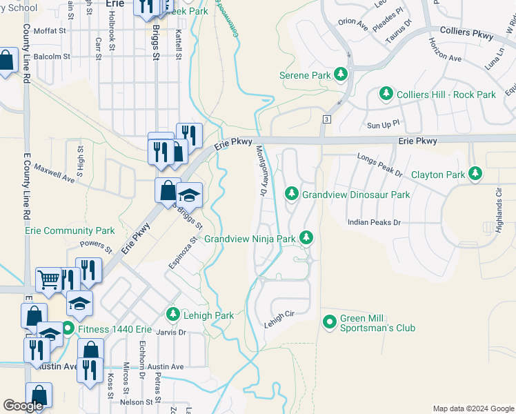 map of restaurants, bars, coffee shops, grocery stores, and more near 256 Montgomery Drive in Erie