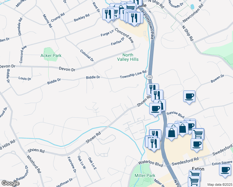 map of restaurants, bars, coffee shops, grocery stores, and more near 156 Valleyview Drive in Exton