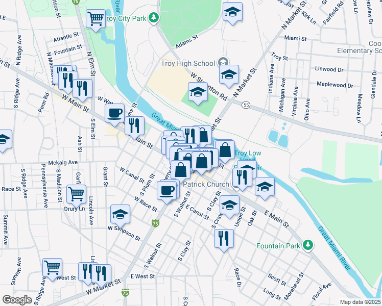 map of restaurants, bars, coffee shops, grocery stores, and more near 104 North Market Street in Troy