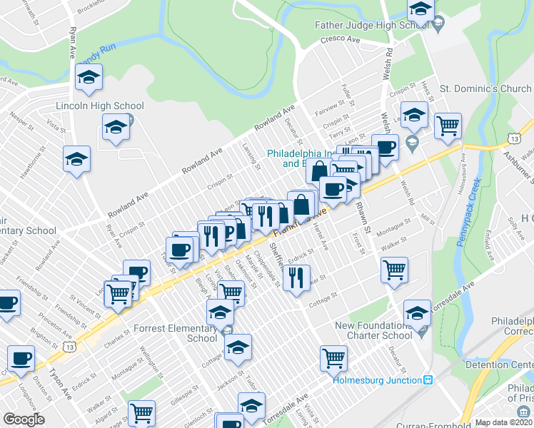 map of restaurants, bars, coffee shops, grocery stores, and more near 3540 Meridian Street in Philadelphia