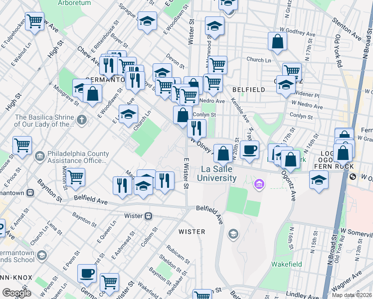 map of restaurants, bars, coffee shops, grocery stores, and more near 734 Penn Boulevard in Philadelphia