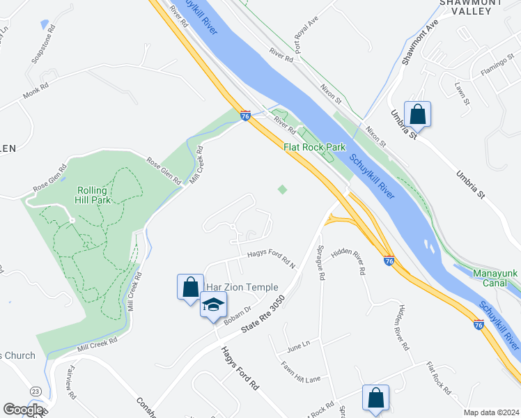 map of restaurants, bars, coffee shops, grocery stores, and more near 1640 Oakwood Drive in Penn Valley