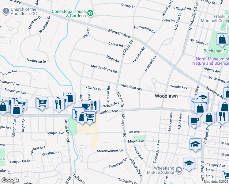 map of restaurants, bars, coffee shops, grocery stores, and more near 40 Wilson Drive in Lancaster