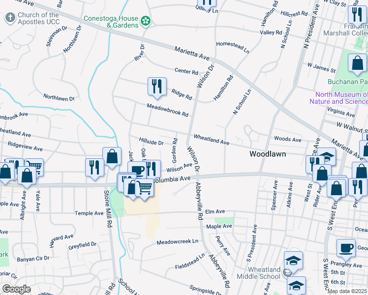 map of restaurants, bars, coffee shops, grocery stores, and more near 40 Wilson Drive in Lancaster