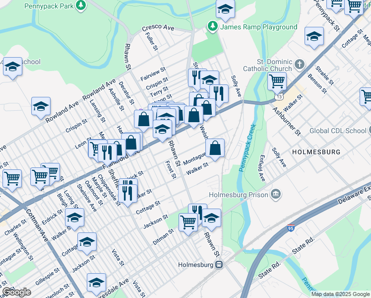 map of restaurants, bars, coffee shops, grocery stores, and more near 8024 Erdrick Street in Philadelphia