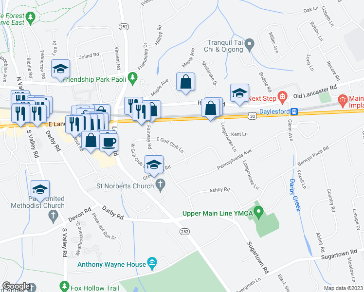 map of restaurants, bars, coffee shops, grocery stores, and more near 15 East Golf Club Lane in Paoli
