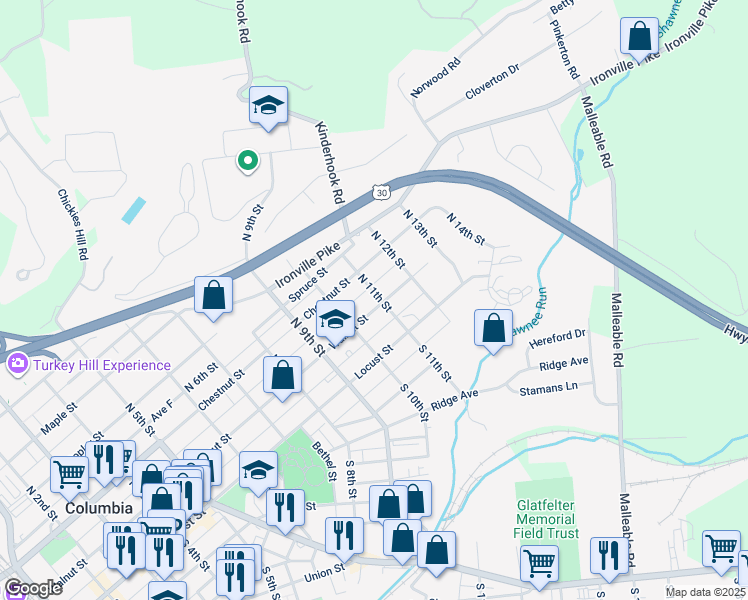 map of restaurants, bars, coffee shops, grocery stores, and more near 1053 Walnut Street in Columbia