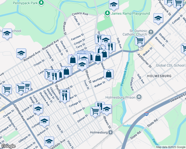 map of restaurants, bars, coffee shops, grocery stores, and more near 8022 Erdrick Street in Philadelphia
