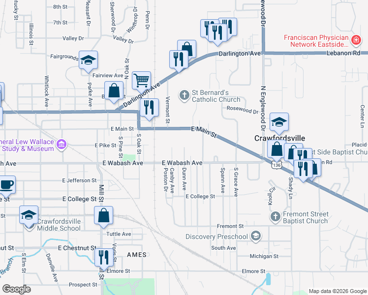map of restaurants, bars, coffee shops, grocery stores, and more near 200 Dunn Avenue in Crawfordsville