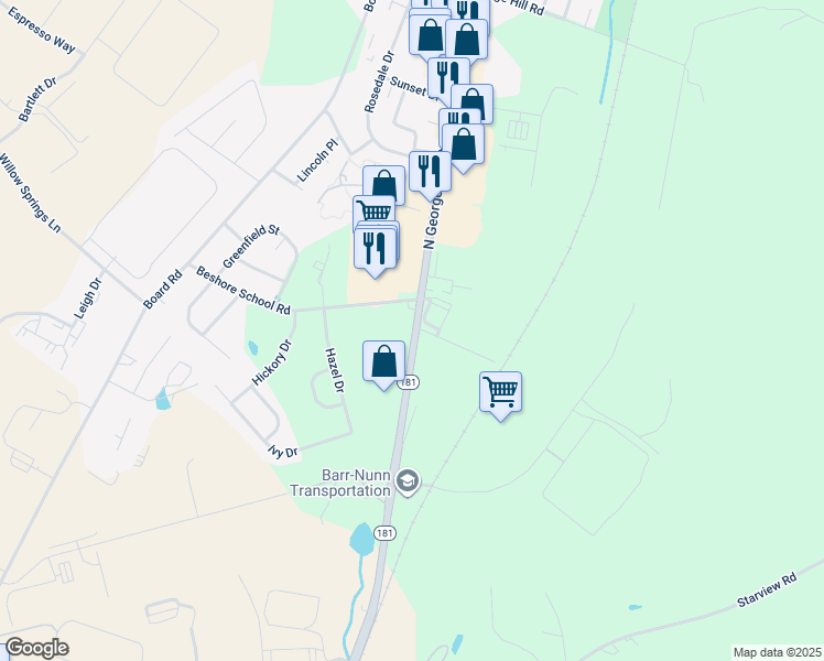 map of restaurants, bars, coffee shops, grocery stores, and more near 4200 North George Street in Manchester