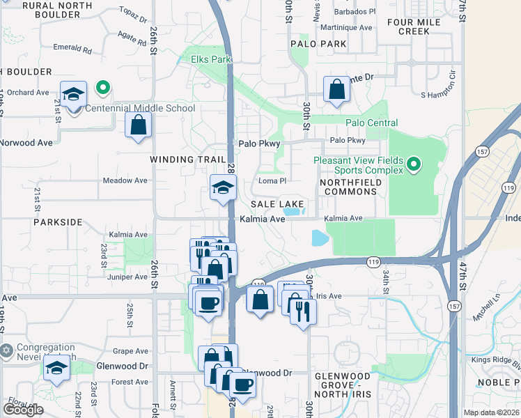 map of restaurants, bars, coffee shops, grocery stores, and more near 2850 Links Drive in Boulder