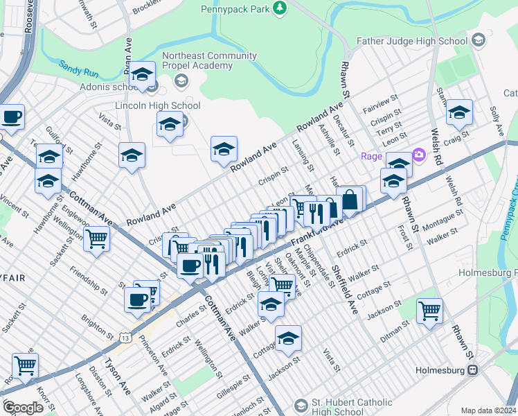 map of restaurants, bars, coffee shops, grocery stores, and more near 3438 Oakmont Street in Philadelphia