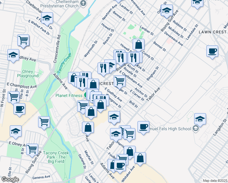 map of restaurants, bars, coffee shops, grocery stores, and more near 533 East Godfrey Avenue in Philadelphia