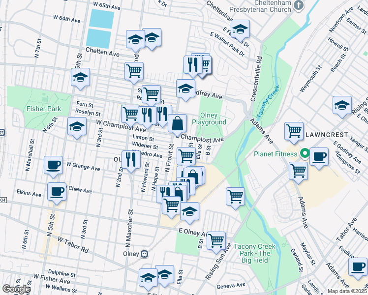 map of restaurants, bars, coffee shops, grocery stores, and more near 5931 North Water Street in Philadelphia