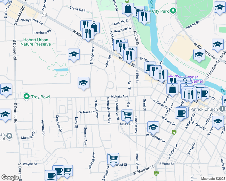 map of restaurants, bars, coffee shops, grocery stores, and more near 908 Kent Lane South in Troy