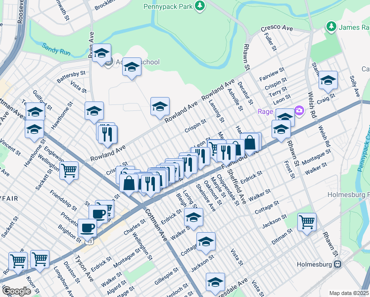 map of restaurants, bars, coffee shops, grocery stores, and more near 3438 Oakmont Street in Philadelphia