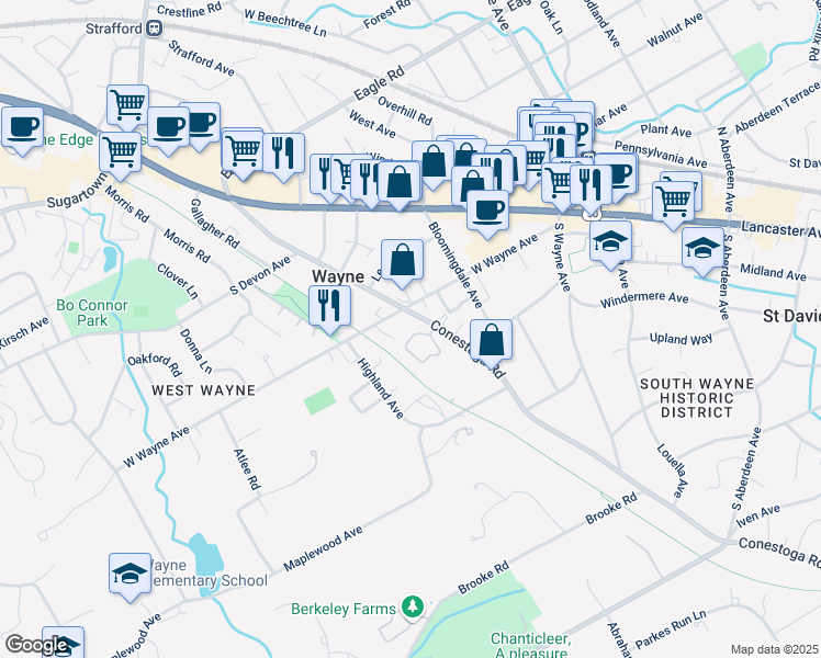 map of restaurants, bars, coffee shops, grocery stores, and more near 1 Wicklow Court in Wayne