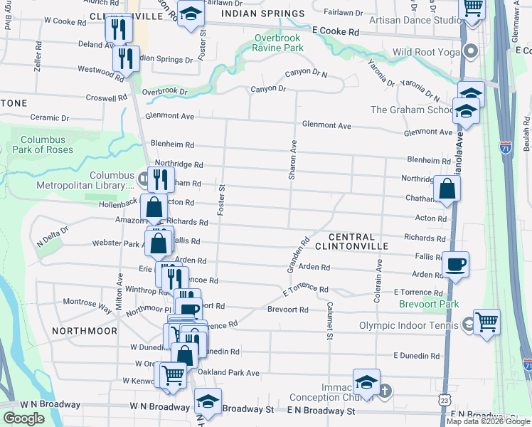 map of restaurants, bars, coffee shops, grocery stores, and more near 244 Acton Road in Columbus