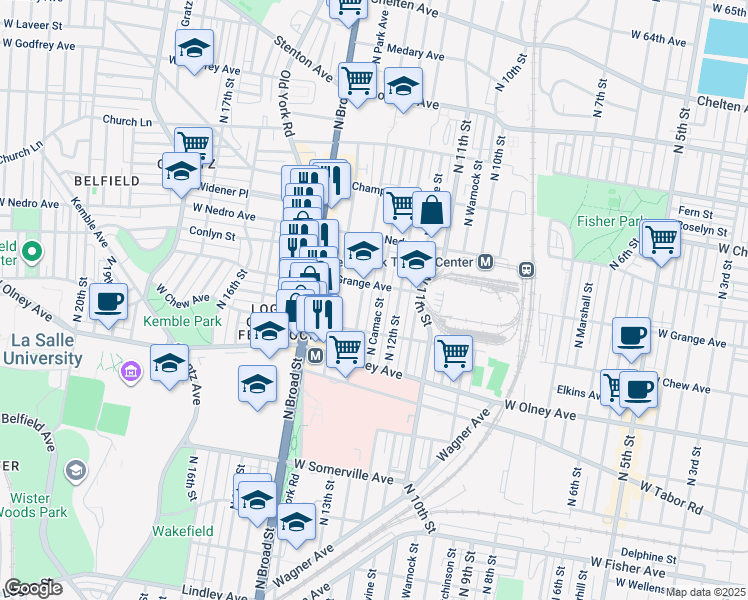 map of restaurants, bars, coffee shops, grocery stores, and more near 5742 North Camac Street in Philadelphia