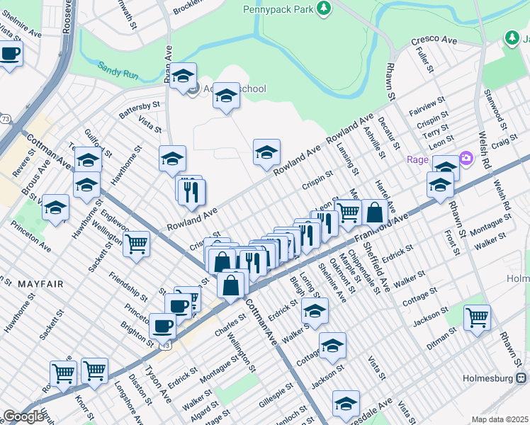 map of restaurants, bars, coffee shops, grocery stores, and more near 3400 Vista Street in Philadelphia