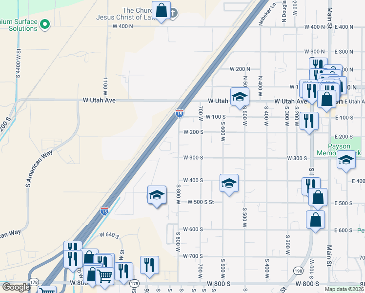 map of restaurants, bars, coffee shops, grocery stores, and more near 251 South 800 West in Payson