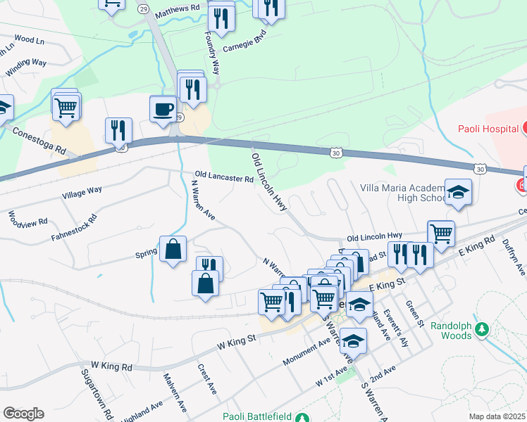 map of restaurants, bars, coffee shops, grocery stores, and more near 34 Daisey Lane in Malvern
