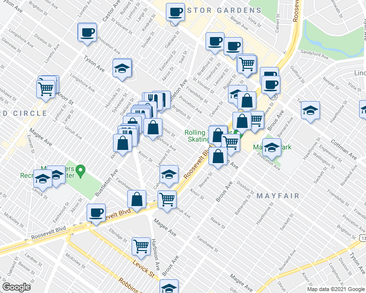 map of restaurants, bars, coffee shops, grocery stores, and more near 2222 Disston Street in Philadelphia