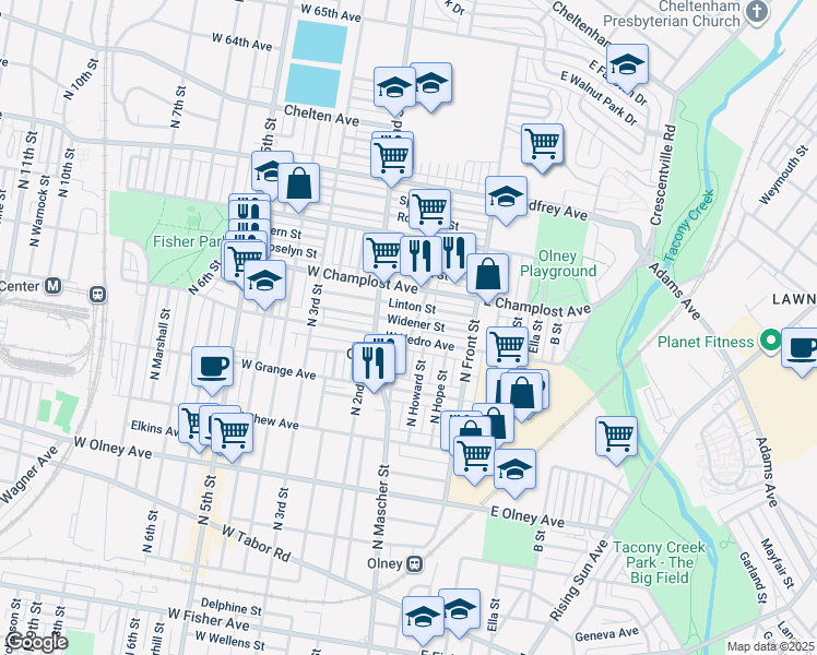 map of restaurants, bars, coffee shops, grocery stores, and more near 156 Widener Street in Philadelphia
