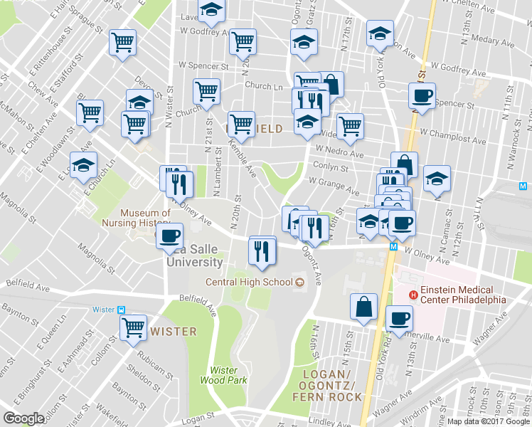 map of restaurants, bars, coffee shops, grocery stores, and more near 1819 West Chew Avenue in Philadelphia