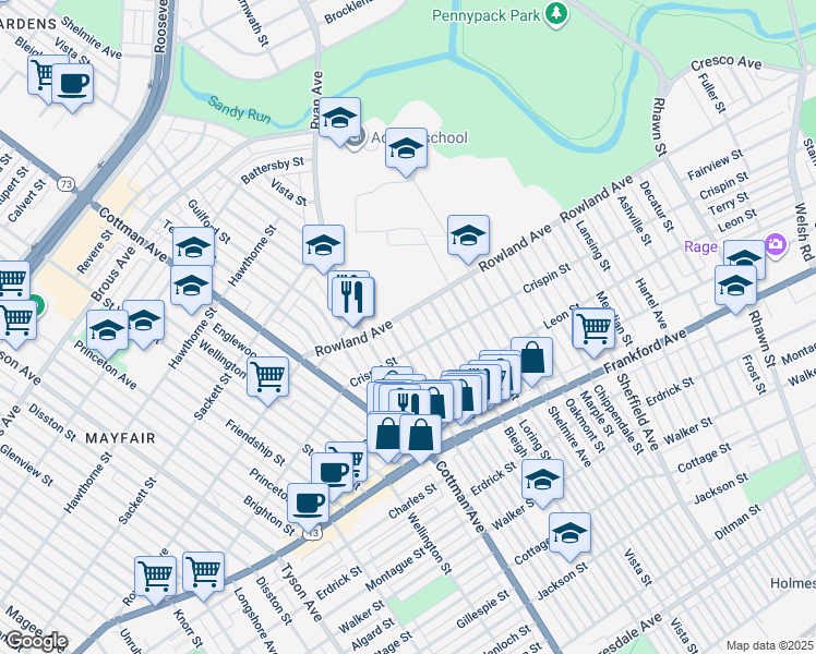 map of restaurants, bars, coffee shops, grocery stores, and more near 3310 Tudor Street in Philadelphia