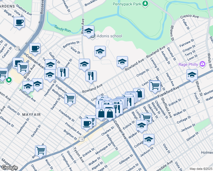 map of restaurants, bars, coffee shops, grocery stores, and more near 3310 Tudor Street in Philadelphia