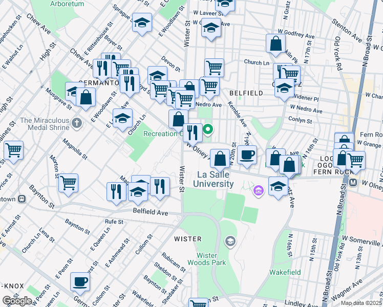 map of restaurants, bars, coffee shops, grocery stores, and more near 2150 Elkins Avenue in Philadelphia