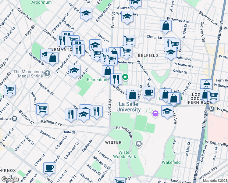 map of restaurants, bars, coffee shops, grocery stores, and more near 2156 Elkins Avenue in Philadelphia