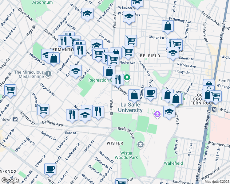 map of restaurants, bars, coffee shops, grocery stores, and more near 2160 Elkins Avenue in Philadelphia