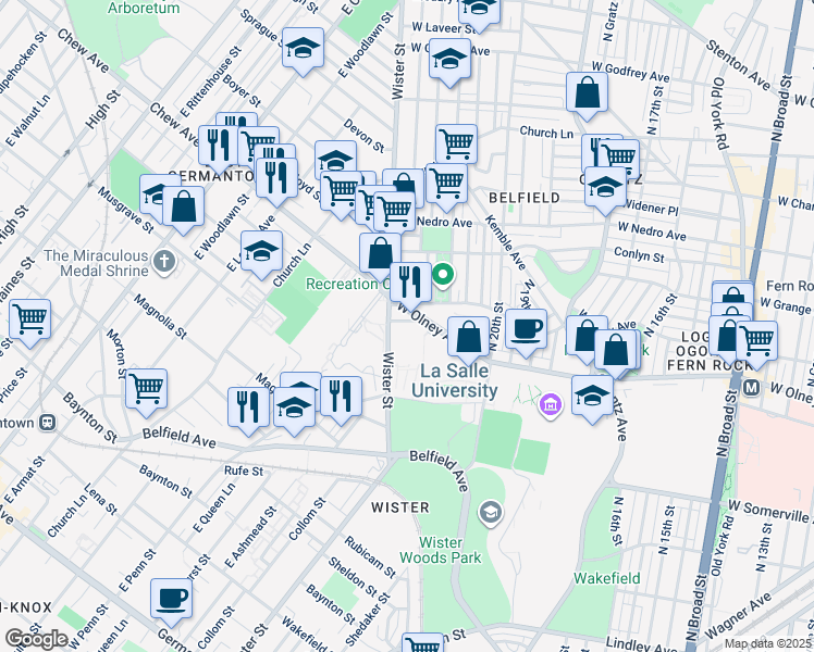 map of restaurants, bars, coffee shops, grocery stores, and more near 2150 Elkins Avenue in Philadelphia