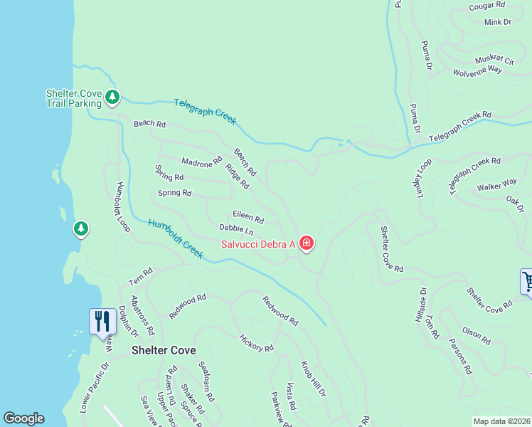 map of restaurants, bars, coffee shops, grocery stores, and more near 191 Ridge Road in Whitethorn
