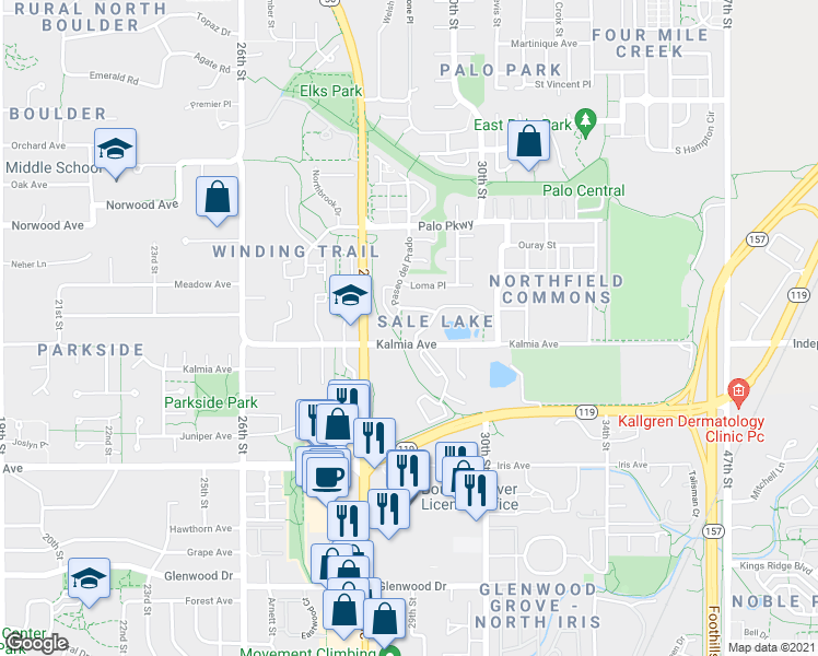 map of restaurants, bars, coffee shops, grocery stores, and more near 2850 Links Drive in Boulder