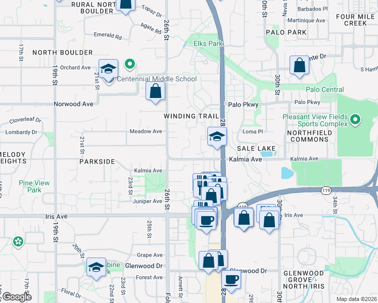 map of restaurants, bars, coffee shops, grocery stores, and more near 3654 Larkwood Court in Boulder