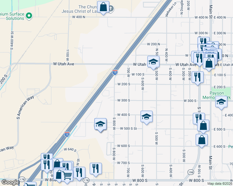 map of restaurants, bars, coffee shops, grocery stores, and more near 251 South 800 West in Payson